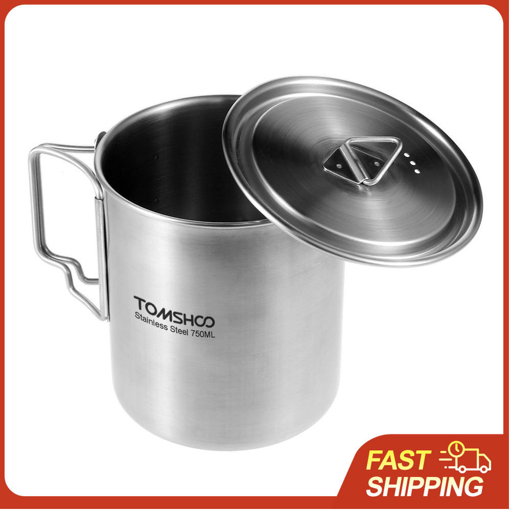 Camping Cooking Pot With Lid - TOMSHOO 750ml Stainless Steel Pot Portable